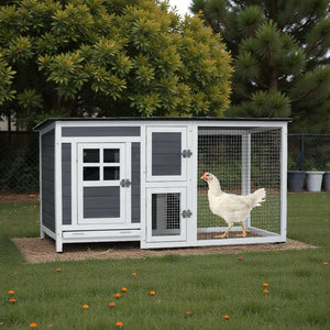 Small Gray Wooden Chicken House - Compact Fir Wood with Metal Wire Construction