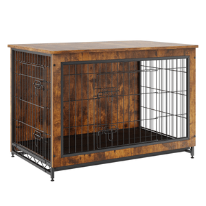 Wooden Dog Crate End Table with Double Doors & Removable Tray – Rustic Brown - Small Pet Homes