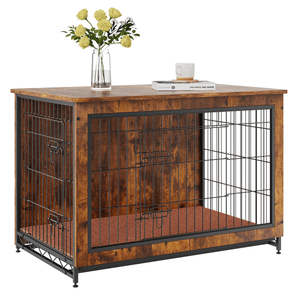 Wooden Dog Crate End Table with Double Doors & Removable Tray – Rustic Brown - Small Pet Homes