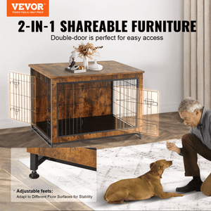Wooden Dog Crate End Table with Double Doors & Removable Tray – Rustic Brown - Small Pet Homes